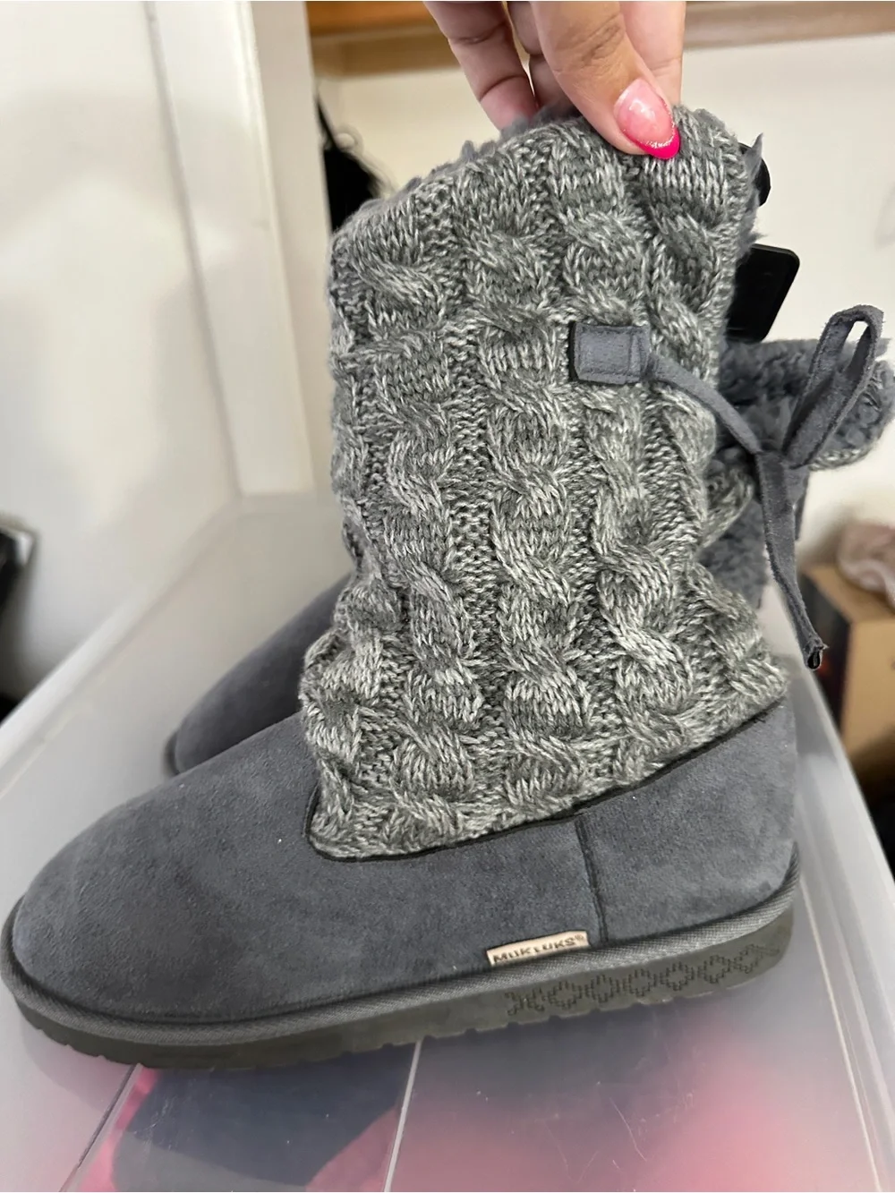 Muk Luks Gray Plush Sherpa/Sweater Boot